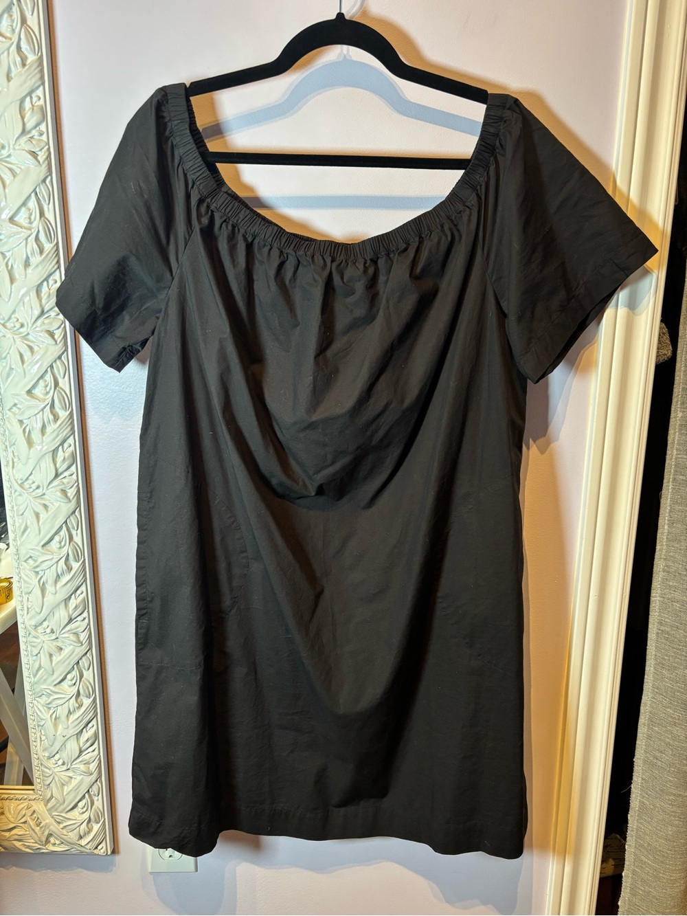 GAP Black Short Sleeve Cotton Mini Dress with Elastic Off The Shoulder Neckline